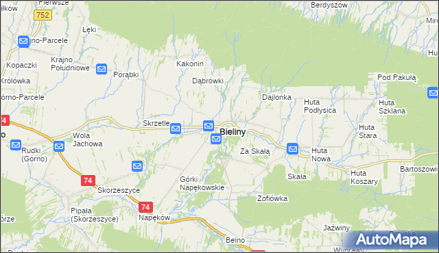 mapa Bieliny powiat kielecki, Bieliny powiat kielecki na mapie Targeo