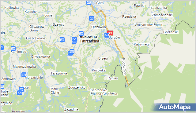 mapa Brzegi gmina Bukowina Tatrzańska, Brzegi gmina Bukowina Tatrzańska na mapie Targeo