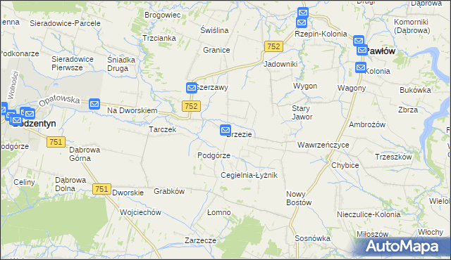 mapa Brzezie gmina Pawłów, Brzezie gmina Pawłów na mapie Targeo