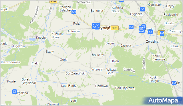mapa Brzeziny gmina Przystajń, Brzeziny gmina Przystajń na mapie Targeo