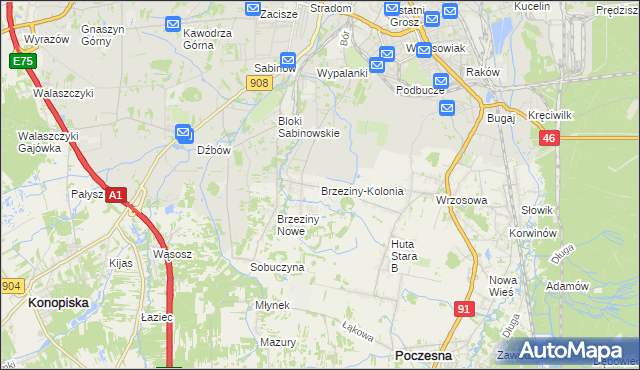 mapa Brzeziny-Kolonia, Brzeziny-Kolonia na mapie Targeo