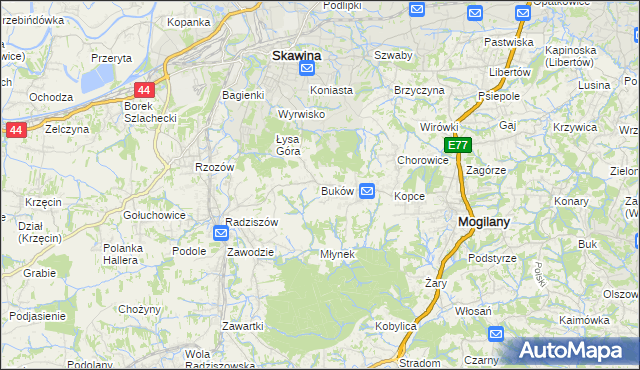 mapa Buków gmina Mogilany, Buków gmina Mogilany na mapie Targeo