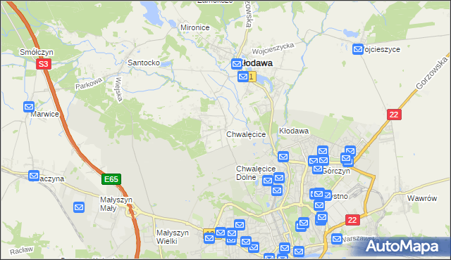 mapa Chwalęcice gmina Kłodawa, Chwalęcice gmina Kłodawa na mapie Targeo