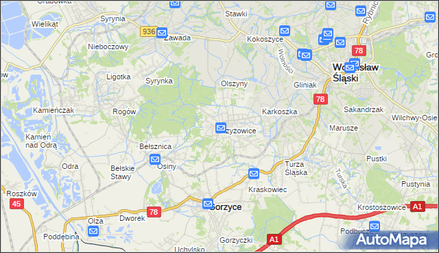 mapa Czyżowice gmina Gorzyce, Czyżowice gmina Gorzyce na mapie Targeo