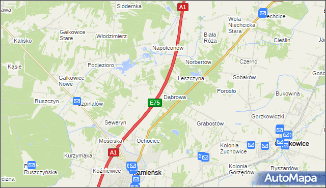 mapa Dąbrowa gmina Kamieńsk, Dąbrowa gmina Kamieńsk na mapie Targeo