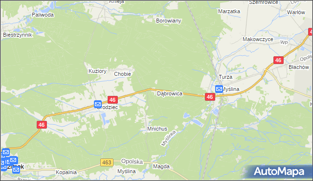 mapa Dąbrowica gmina Dobrodzień, Dąbrowica gmina Dobrodzień na mapie Targeo