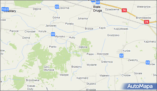 mapa Dębina gmina Biała, Dębina gmina Biała na mapie Targeo