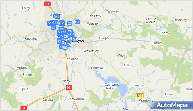 mapa Dębówko gmina Bartoszyce, Dębówko gmina Bartoszyce na mapie Targeo