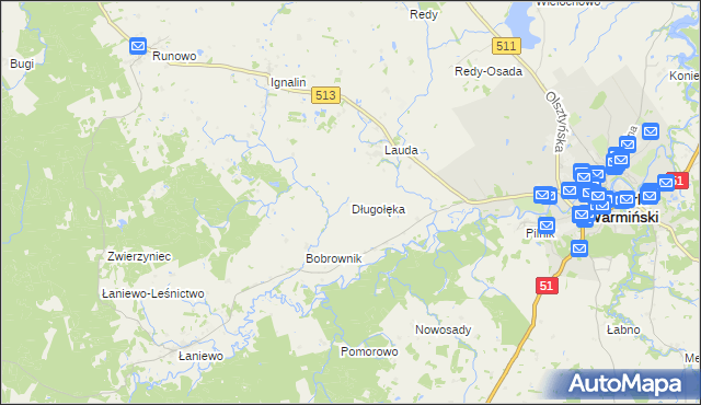mapa Długołęka gmina Lidzbark Warmiński, Długołęka gmina Lidzbark Warmiński na mapie Targeo