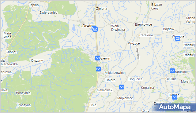 mapa Dziewin gmina Drwinia, Dziewin gmina Drwinia na mapie Targeo