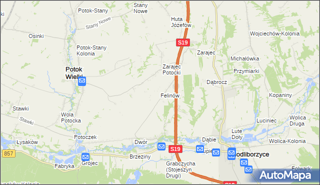 mapa Felinów gmina Modliborzyce, Felinów gmina Modliborzyce na mapie Targeo