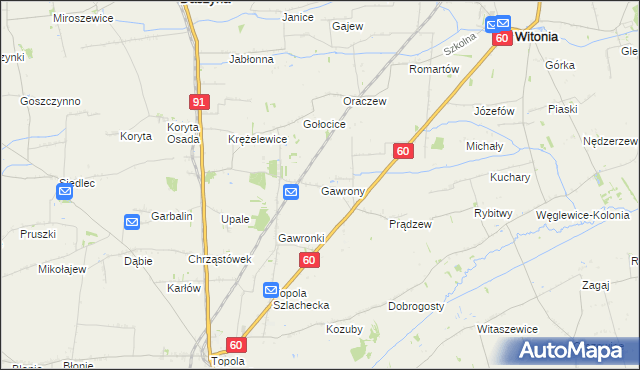 mapa Gawrony gmina Łęczyca, Gawrony gmina Łęczyca na mapie Targeo