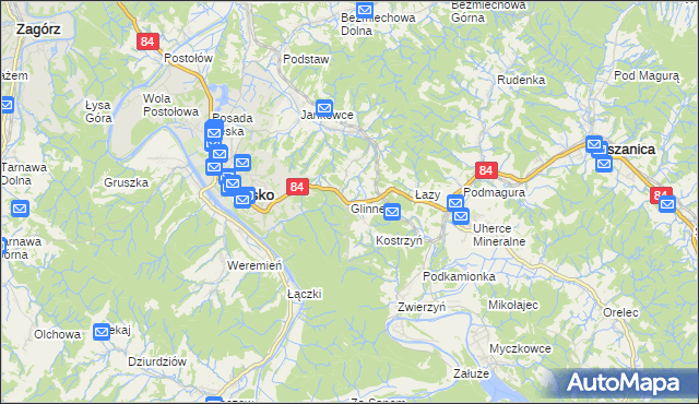mapa Glinne gmina Lesko, Glinne gmina Lesko na mapie Targeo