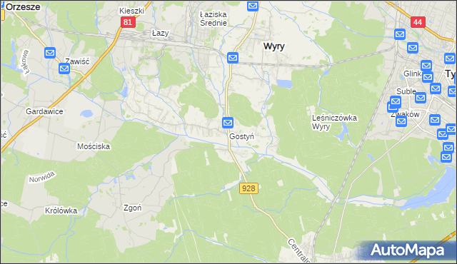 mapa Gostyń gmina Wyry, Gostyń gmina Wyry na mapie Targeo