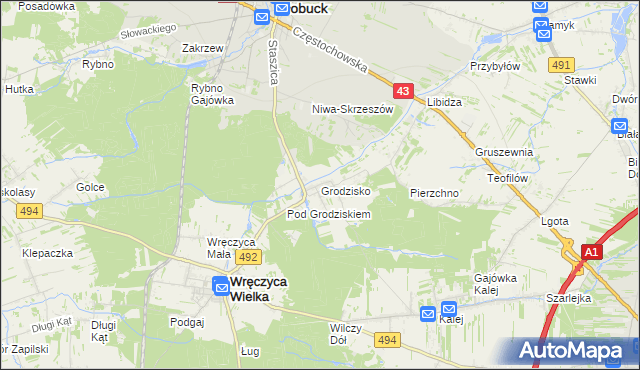 mapa Grodzisko gmina Wręczyca Wielka, Grodzisko gmina Wręczyca Wielka na mapie Targeo