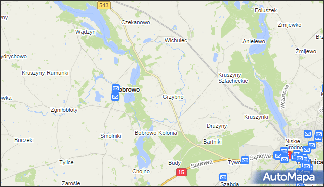 mapa Grzybno gmina Bobrowo, Grzybno gmina Bobrowo na mapie Targeo