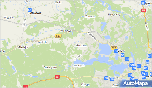 mapa Gutkowo gmina Jonkowo, Gutkowo gmina Jonkowo na mapie Targeo