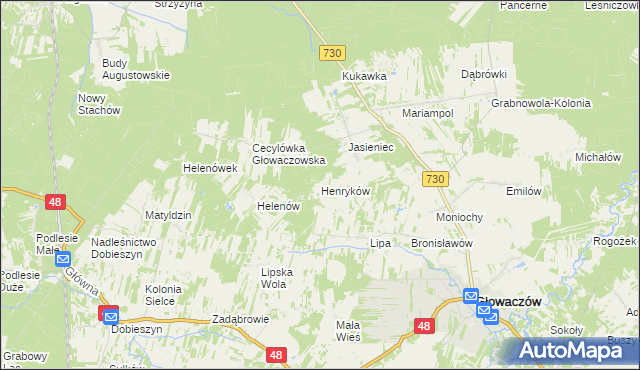mapa Henryków gmina Głowaczów, Henryków gmina Głowaczów na mapie Targeo