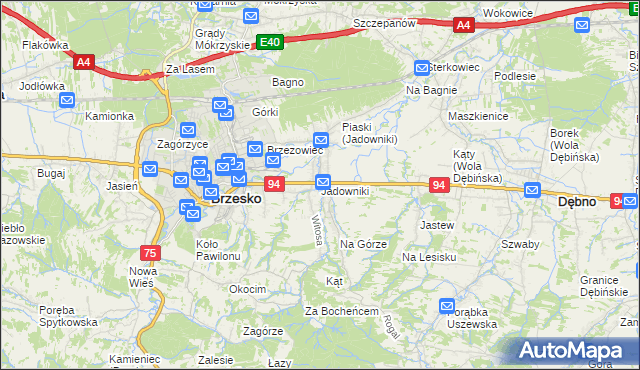 mapa Jadowniki gmina Brzesko, Jadowniki gmina Brzesko na mapie Targeo