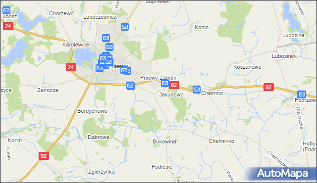 mapa Jakubowo gmina Pniewy, Jakubowo gmina Pniewy na mapie Targeo