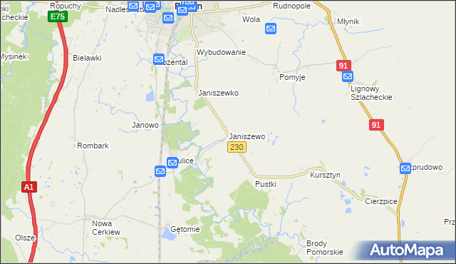 mapa Janiszewo gmina Pelplin, Janiszewo gmina Pelplin na mapie Targeo
