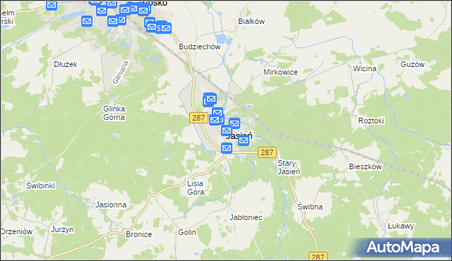 mapa Jasień powiat żarski, Jasień powiat żarski na mapie Targeo