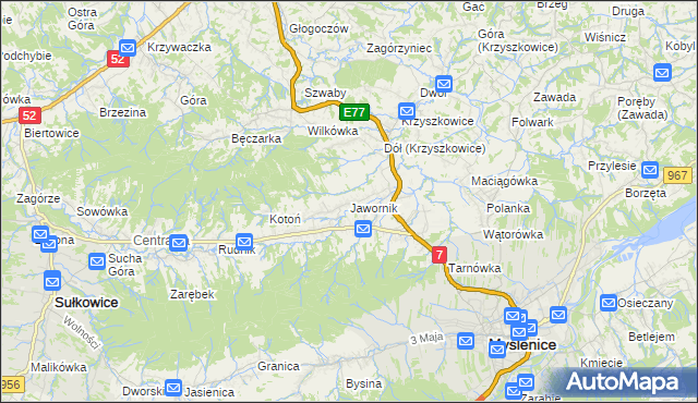 mapa Jawornik gmina Myślenice, Jawornik gmina Myślenice na mapie Targeo
