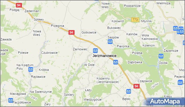 mapa Jerzmanowice gmina Jerzmanowice-Przeginia, Jerzmanowice gmina Jerzmanowice-Przeginia na mapie Targeo