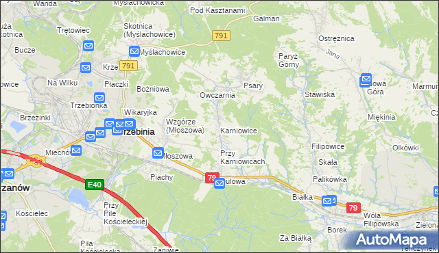 mapa Karniowice gmina Trzebinia, Karniowice gmina Trzebinia na mapie Targeo