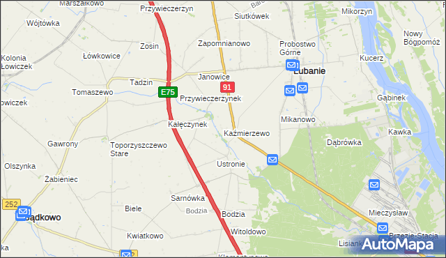 mapa Kaźmierzewo gmina Lubanie, Kaźmierzewo gmina Lubanie na mapie Targeo