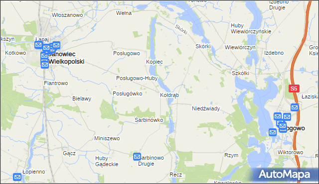 mapa Kołdrąb gmina Janowiec Wielkopolski, Kołdrąb gmina Janowiec Wielkopolski na mapie Targeo