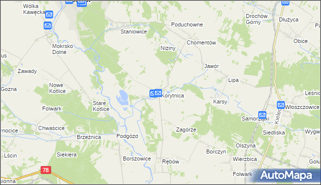 mapa Korytnica gmina Sobków, Korytnica gmina Sobków na mapie Targeo