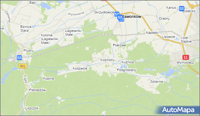 mapa Kośmidry gmina Pawonków, Kośmidry gmina Pawonków na mapie Targeo