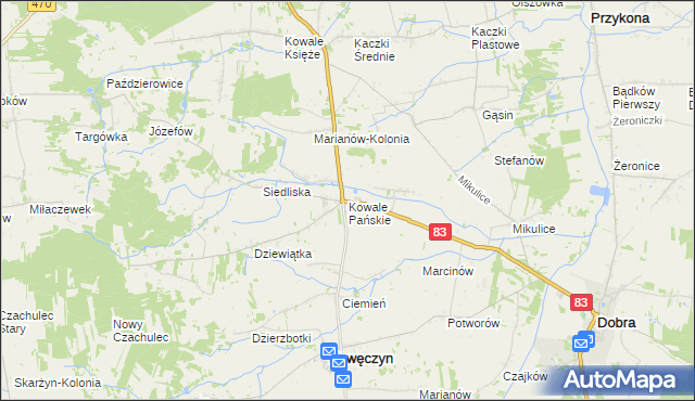mapa Kowale Pańskie, Kowale Pańskie na mapie Targeo