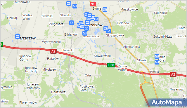 mapa Kowalewice gmina Parzęczew, Kowalewice gmina Parzęczew na mapie Targeo