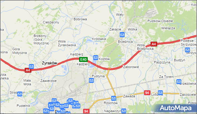 mapa Kozłów gmina Dębica, Kozłów gmina Dębica na mapie Targeo