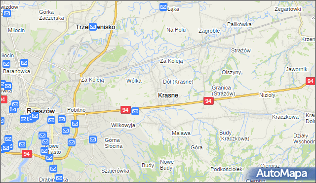 mapa Krasne powiat rzeszowski, Krasne powiat rzeszowski na mapie Targeo