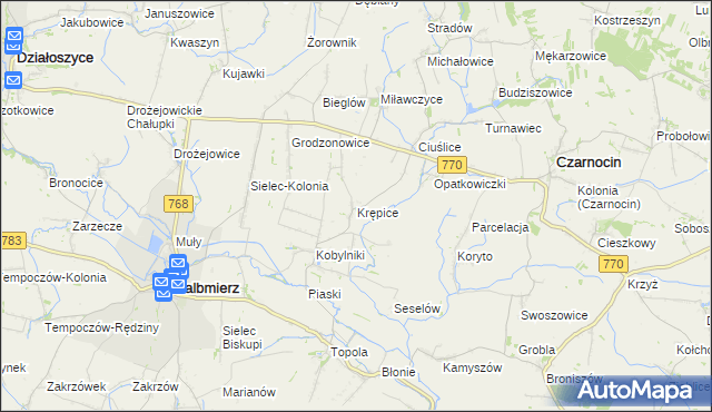 mapa Krępice gmina Skalbmierz, Krępice gmina Skalbmierz na mapie Targeo