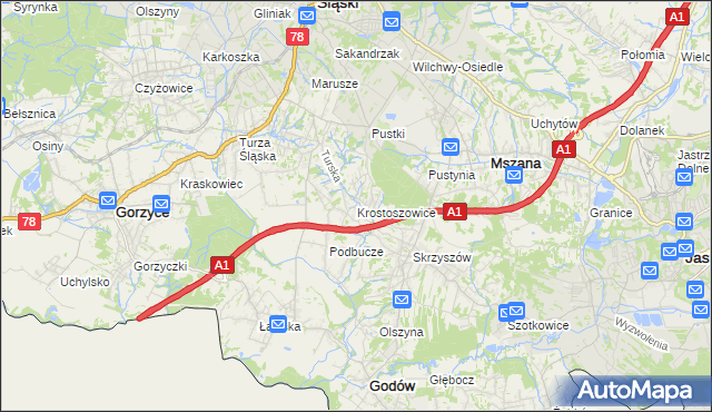 mapa Krostoszowice, Krostoszowice na mapie Targeo