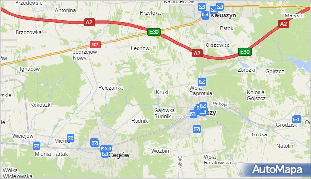 mapa Kruki gmina Mrozy, Kruki gmina Mrozy na mapie Targeo