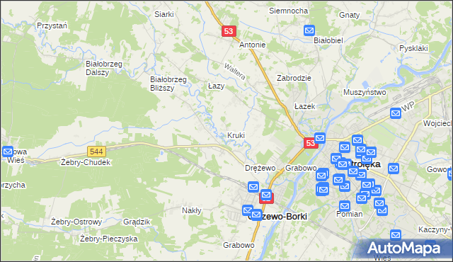 mapa Kruki gmina Olszewo-Borki, Kruki gmina Olszewo-Borki na mapie Targeo