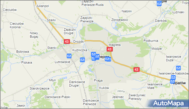 mapa Krzepice powiat kłobucki, Krzepice powiat kłobucki na mapie Targeo