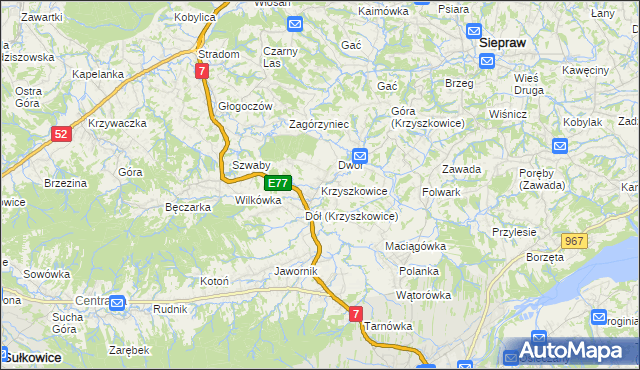 mapa Krzyszkowice gmina Myślenice, Krzyszkowice gmina Myślenice na mapie Targeo
