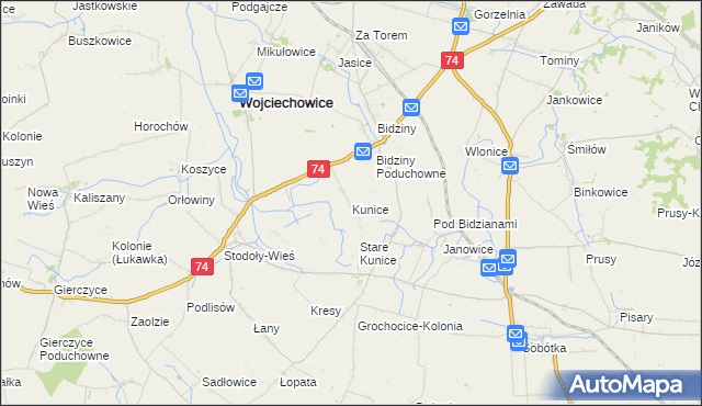 mapa Kunice gmina Wojciechowice, Kunice gmina Wojciechowice na mapie Targeo