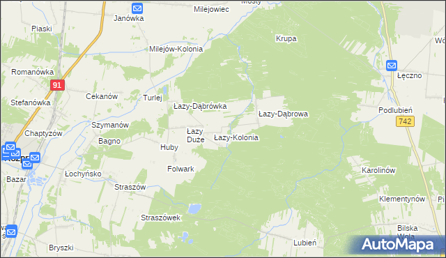 mapa Łazy gmina Sulejów, Łazy gmina Sulejów na mapie Targeo
