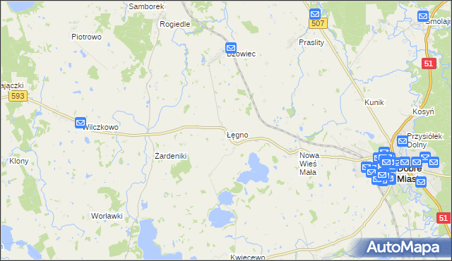 mapa Łęgno gmina Dobre Miasto, Łęgno gmina Dobre Miasto na mapie Targeo