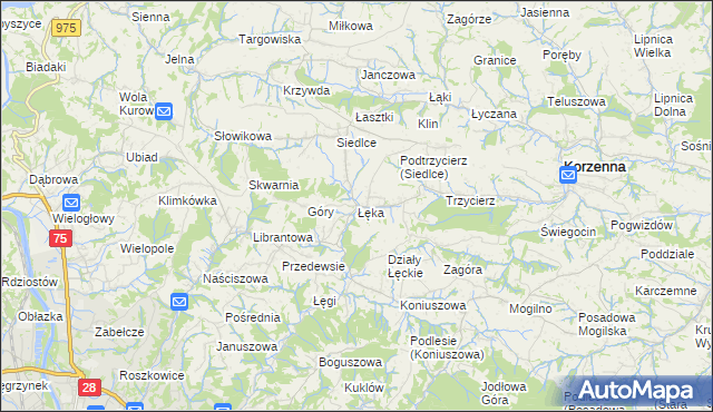 mapa Łęka gmina Korzenna, Łęka gmina Korzenna na mapie Targeo