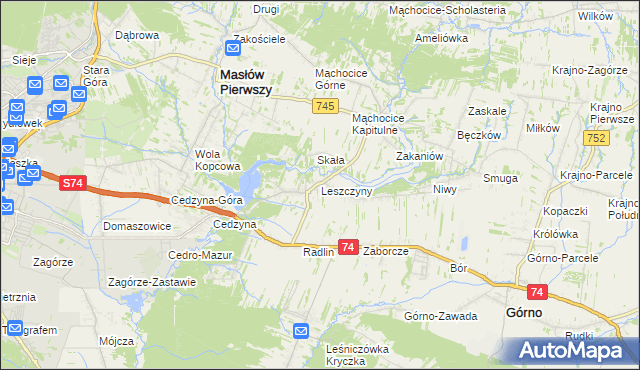 mapa Leszczyny gmina Górno, Leszczyny gmina Górno na mapie Targeo