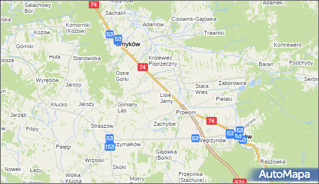mapa Lisie Jamy gmina Mniów, Lisie Jamy gmina Mniów na mapie Targeo