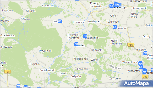 mapa Łosień gmina Piekoszów, Łosień gmina Piekoszów na mapie Targeo